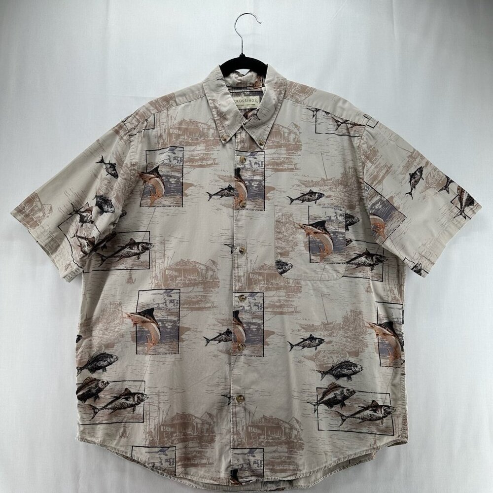 Crossings Button Down Shirt Mens L Short Sleeve Casual Coastal Fish Print Brown